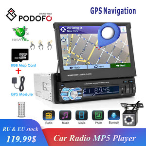 Podofo 1din Car Radio GPS Navigation 7" HD Retractable Screen MP5 Player Bluetooth Stereo Mirror Link Autoradio Rear View Camera